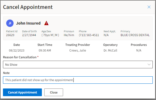 Cancel Appointment window with a completed patient example.